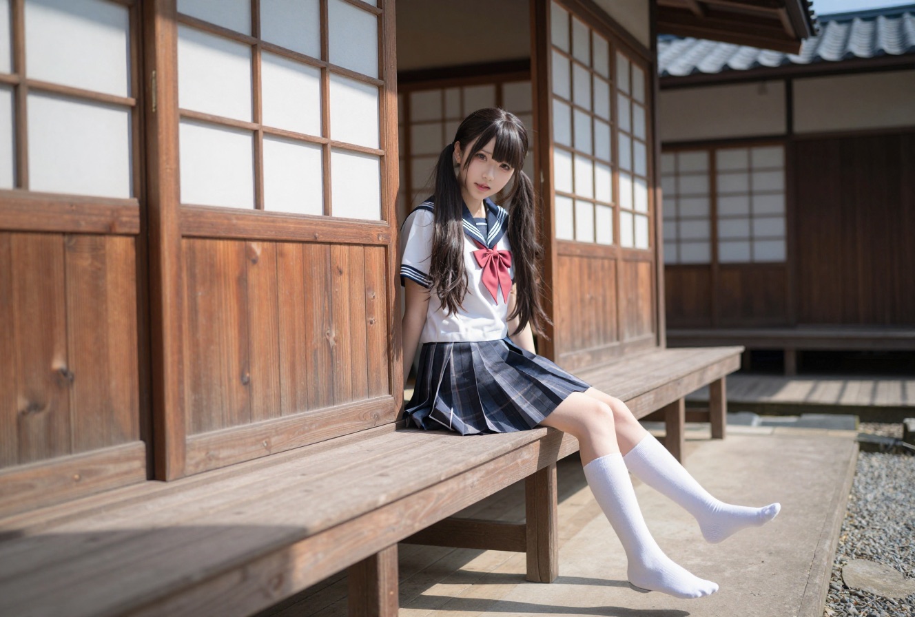 縁側に腰掛けた制服ポートレート