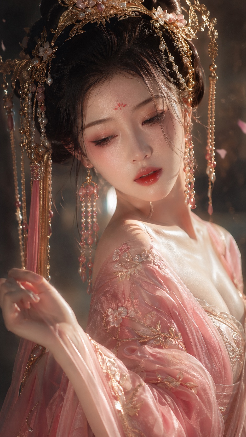 花飾りと薄桃の衣をまとったポートレート