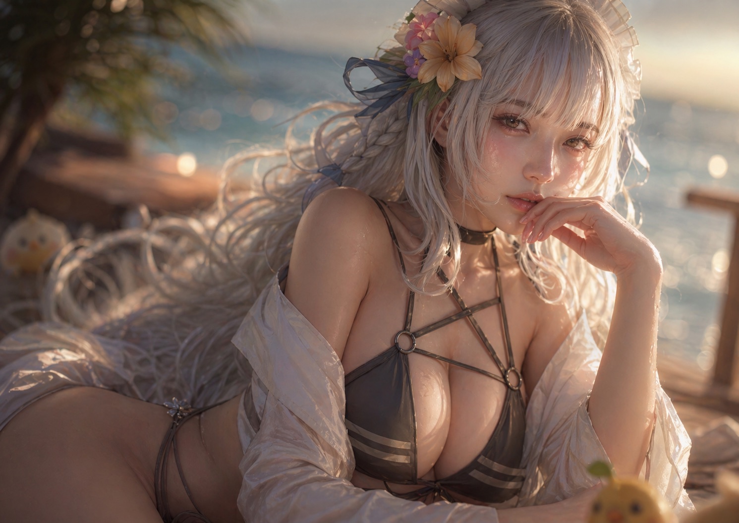 海辺の逆光に包まれた銀髪のポートレート